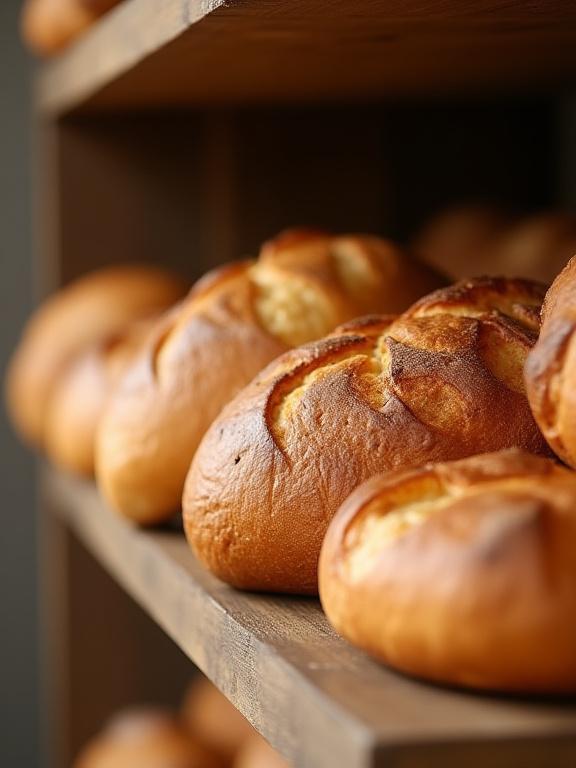 Nærbilde av ferskbakte brød og bakervarer på en trehylle hos Oase Smak.
