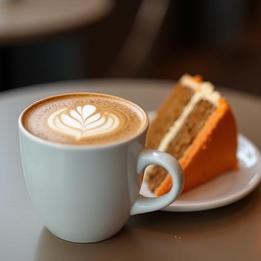 En kunstferdig cappuccino ved siden av et stykke gulrotkake på et bord.
